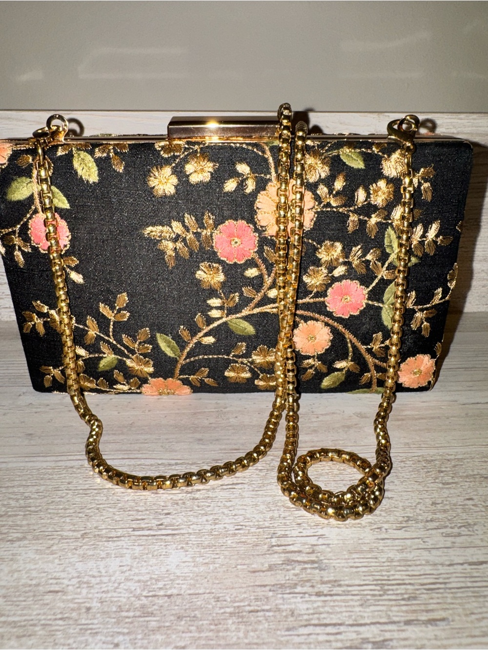 Amyra Elegant Black Floral Evening Clutch with Gold Chain